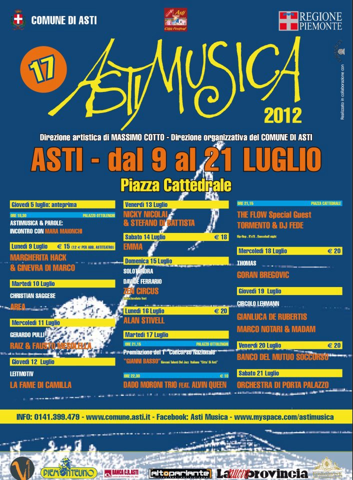 17° edizione de “Astimusica & Parole”, dal  9 al 21 luglio 2012,  Asti