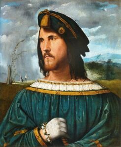 Dipinto di un gentiluomo (Cesare Borgia) - Painting by Altobello Melone - 1513